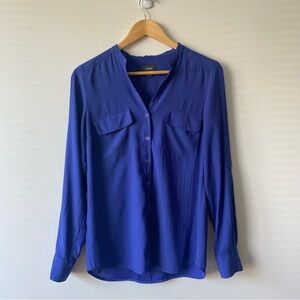 Mexx Band Collar Button Up Roll Up Sleeves Blouse Royal Blue